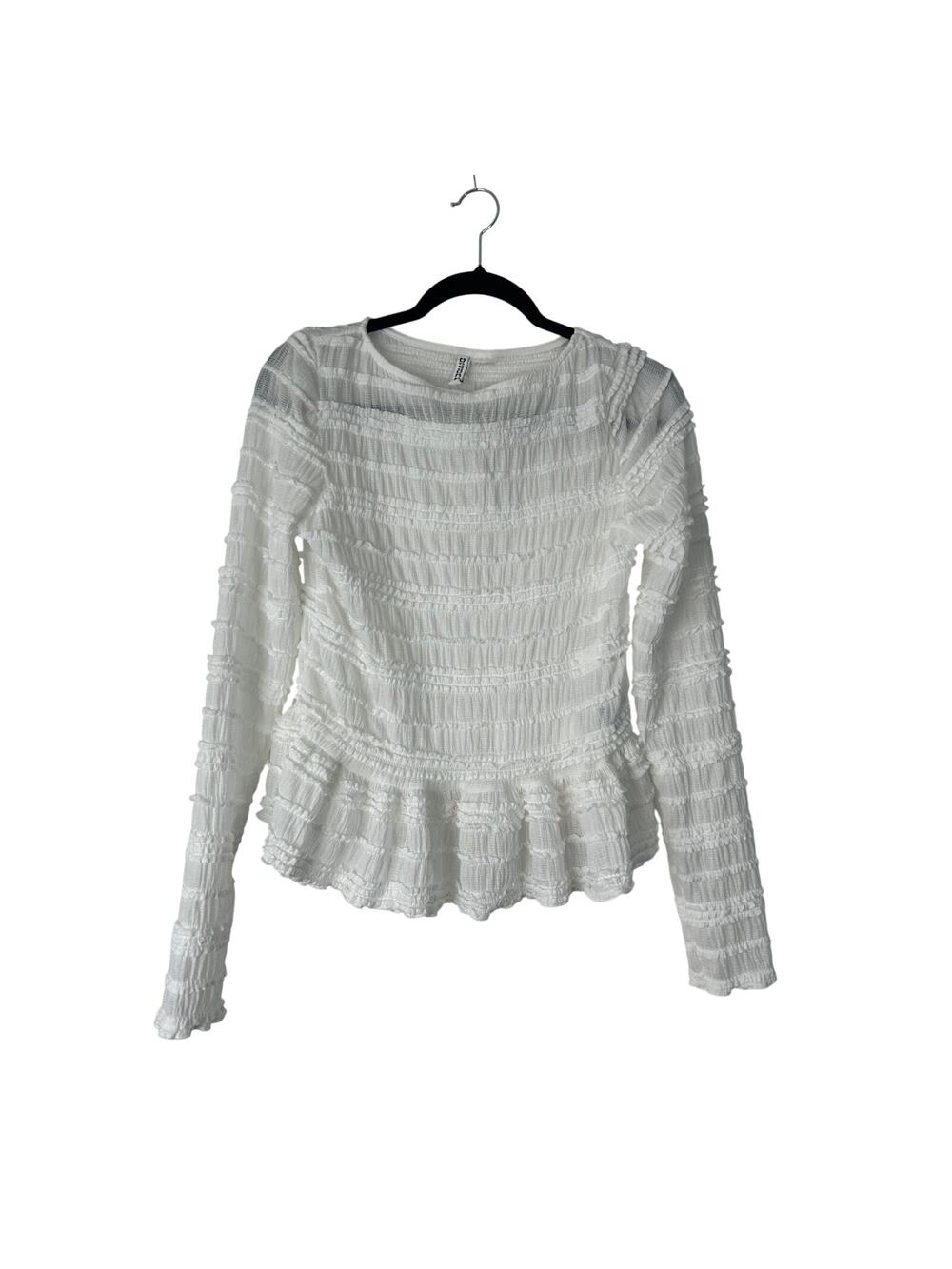 H & M Divided Peplum Top Size L White Smocked Textured Frill Shirred Long Sleeve